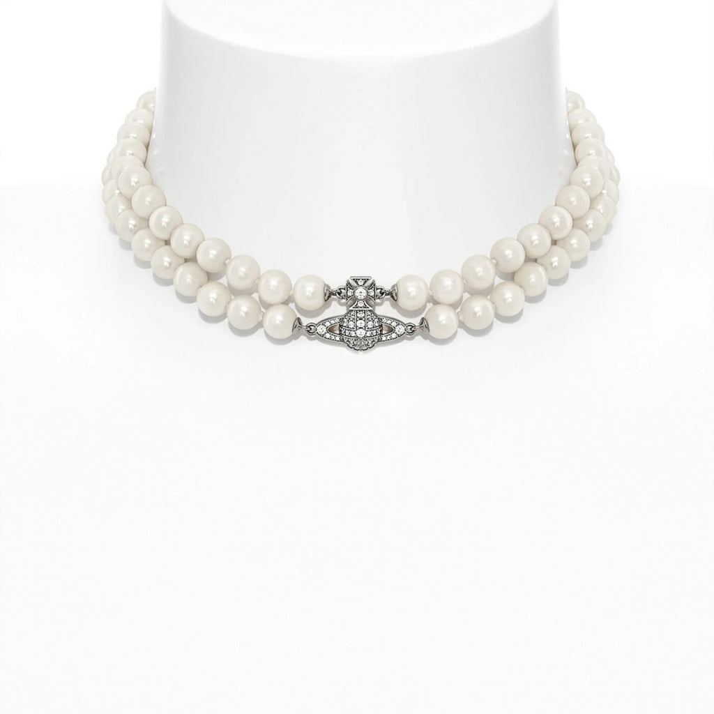 VIVIENNE WESTWOOD GRAZIELLA TWO ROW PEARL CHOKER SILVER