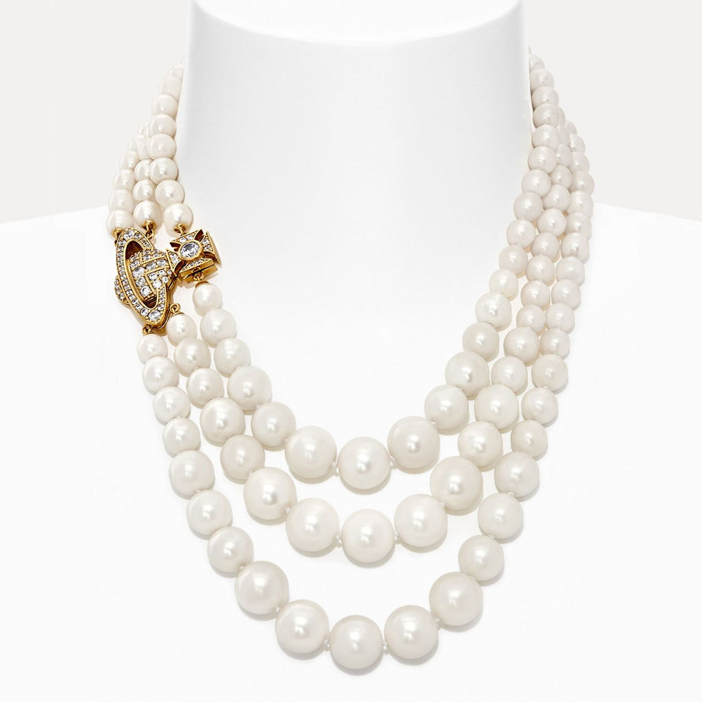 VIVIENNE WESTWOOD GRAZIELLA THREE ROW PEARL NECKLACE GOLD