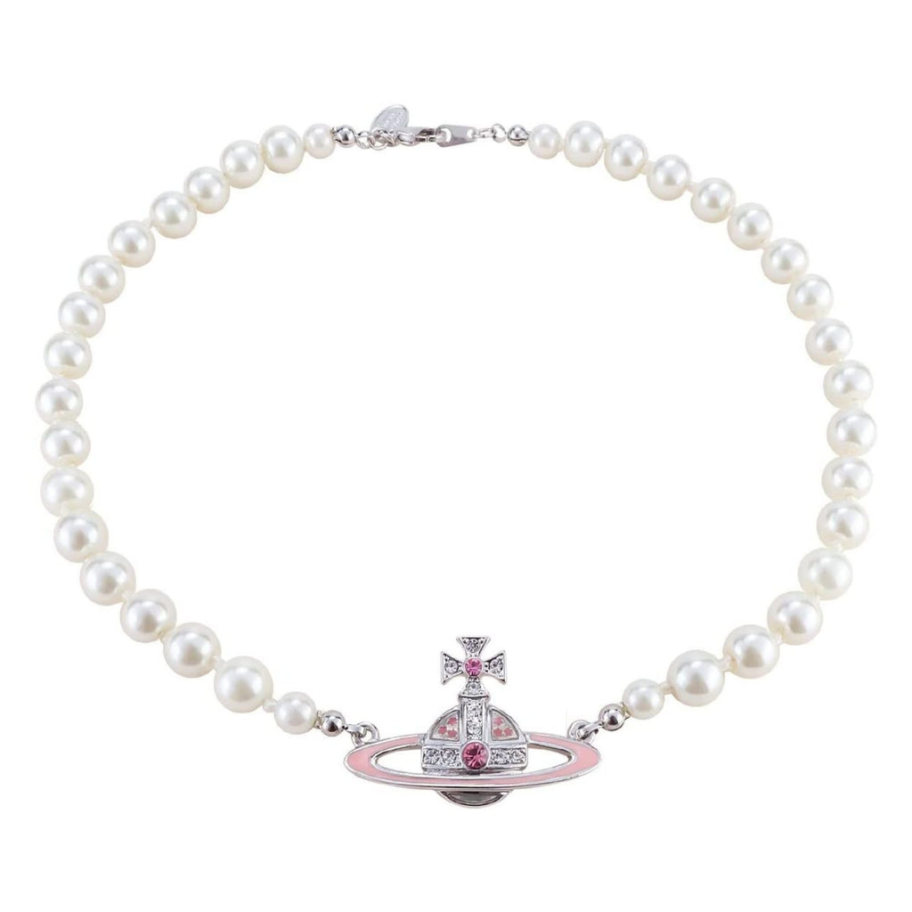 VIVIENNE WESTWOOD BAS RELIEF PEARL ORB CHOKER SILVER & PINK