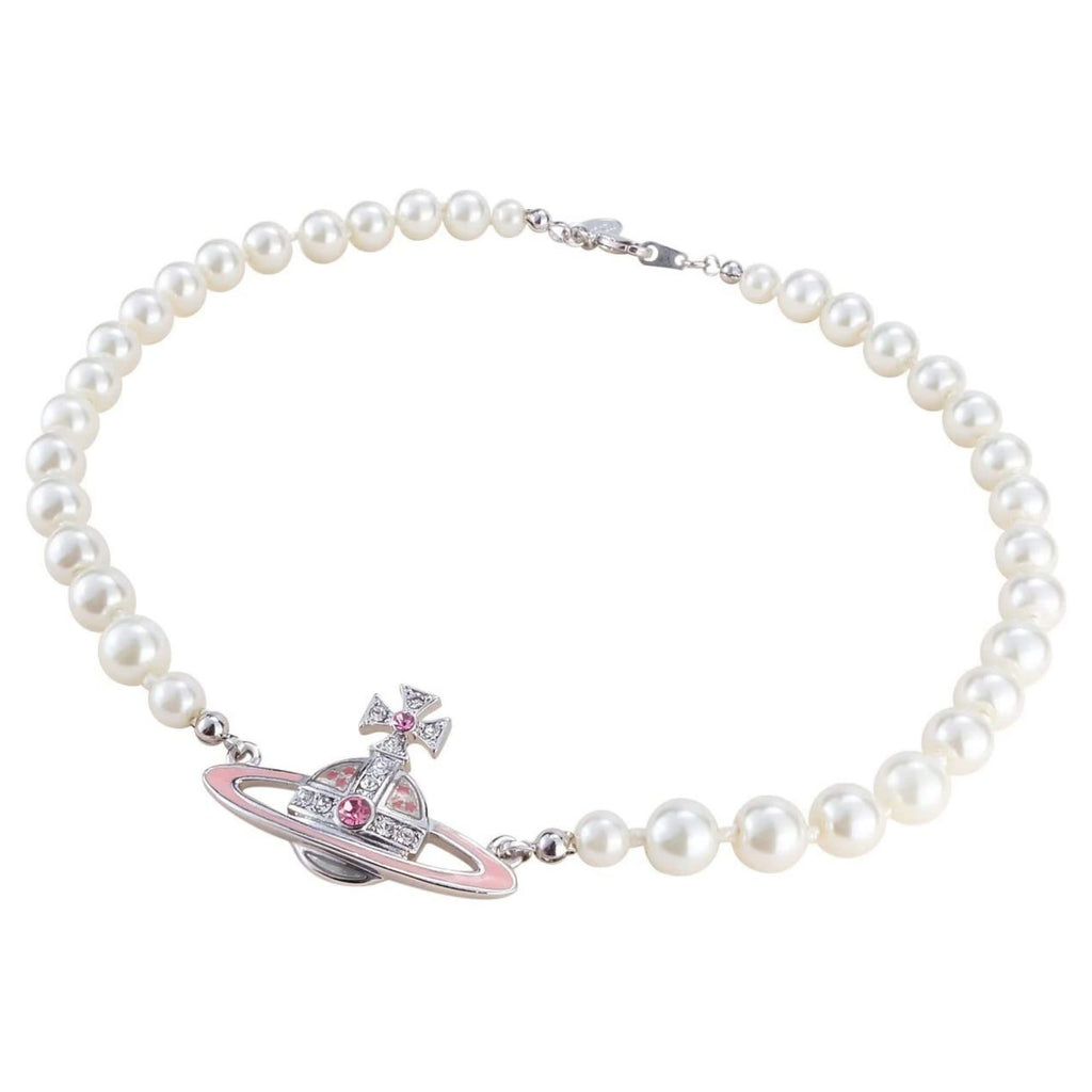 VIVIENNE WESTWOOD BAS RELIEF PEARL ORB CHOKER SILVER & PINK
