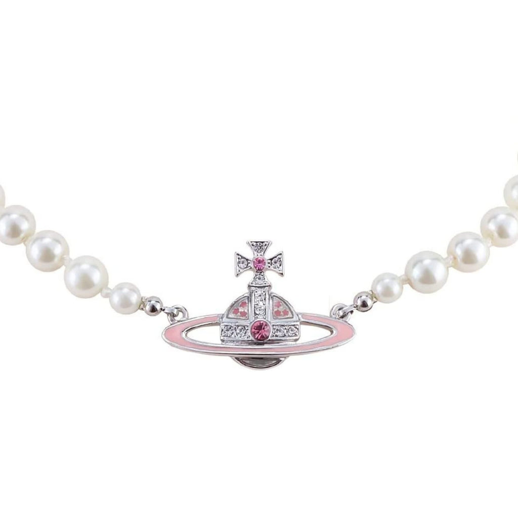 VIVIENNE WESTWOOD BAS RELIEF PEARL ORB CHOKER SILVER & PINK
