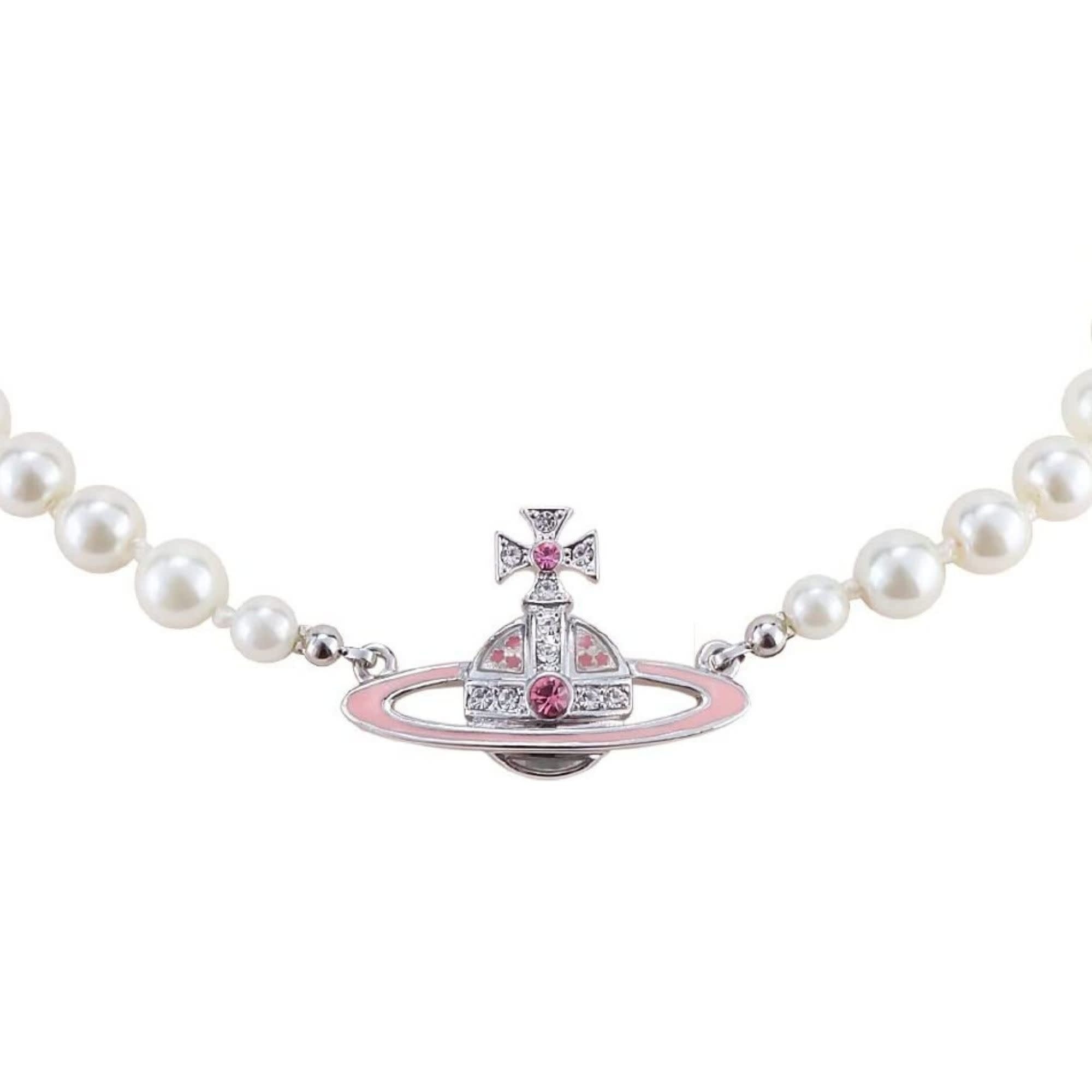 VIVIENNE WESTWOOD BAS RELIEF PEARL ORB CHOKER SILVER & PINK