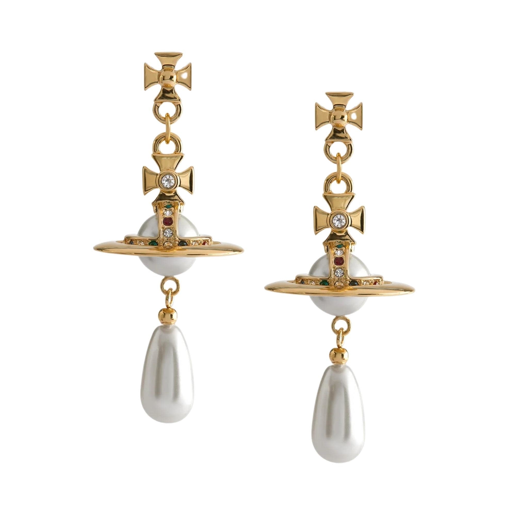VIVIENNE WESTWOOD NEW ORB PEARL DROP STRASS EARRINGS GOLD