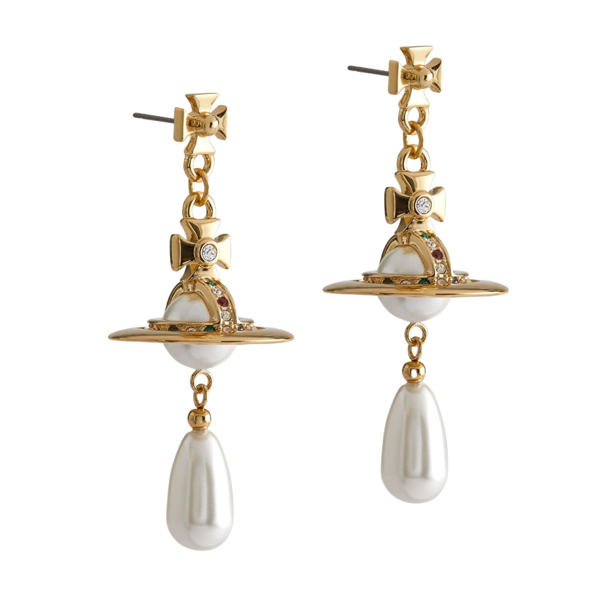 VIVIENNE WESTWOOD NEW ORB PEARL DROP STRASS EARRINGS GOLD